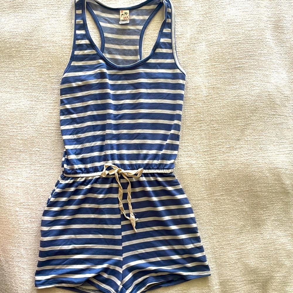 Blue and white romper with pockets!